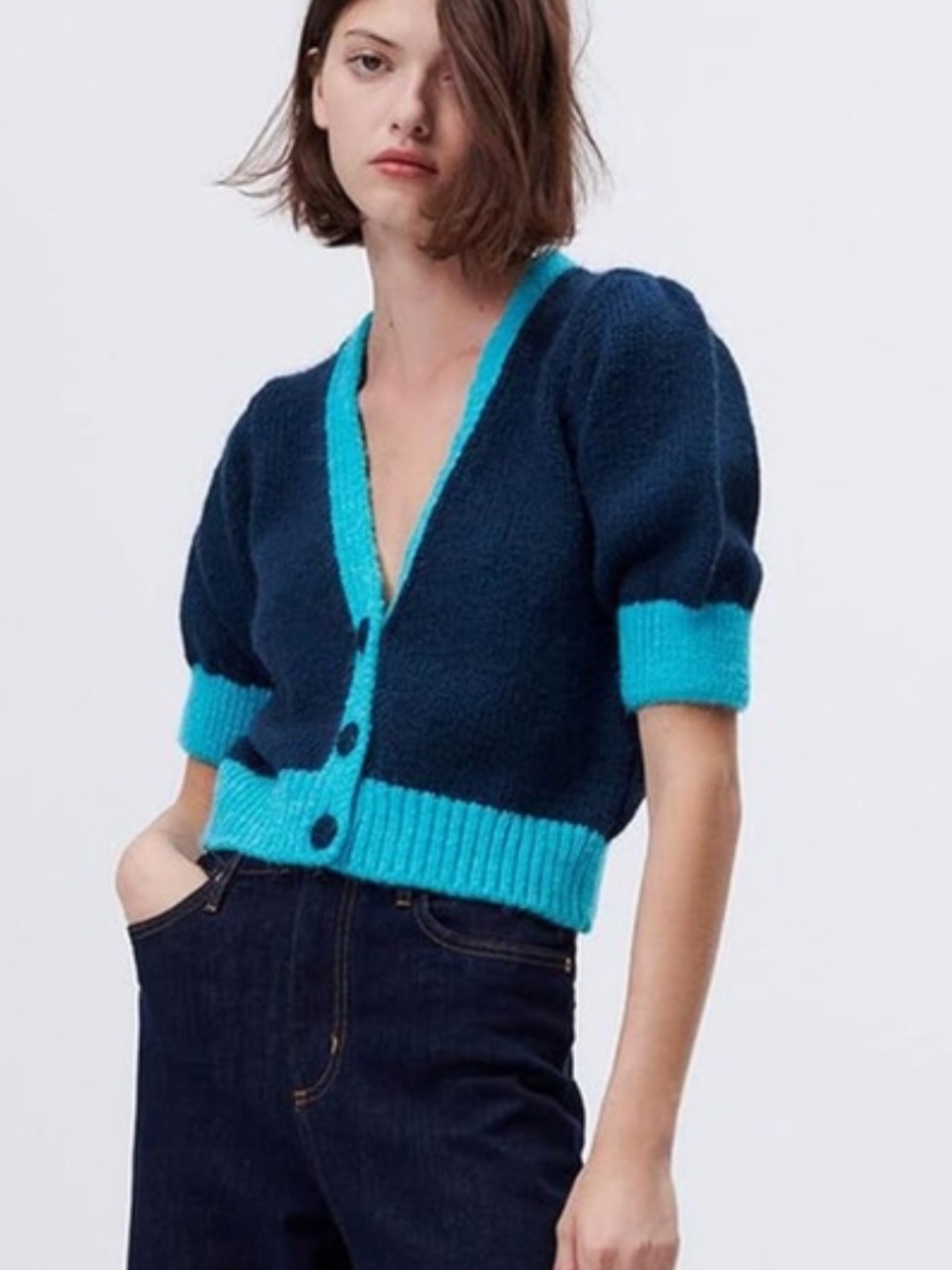 Zara Navy Cardigan with Bright Teal Trim